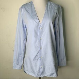 Marie Marot Womens Light Blue V Neck Long Sleeve Blouse Size Small 100% Cotton